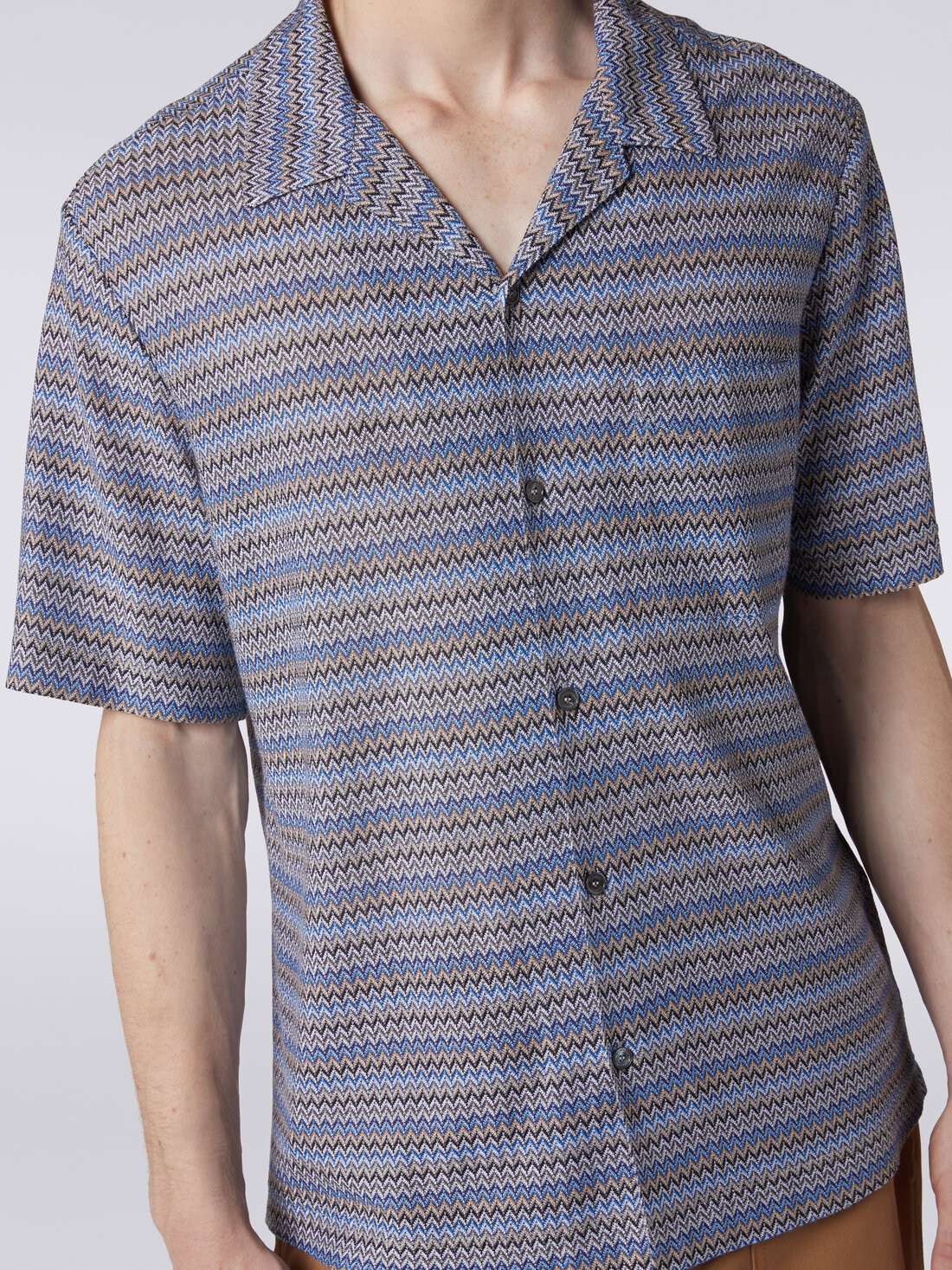 Chemise à manches courtes style bowling à motif zig zag, Bleu - US24SJ09BR00U6S72D2 - 4