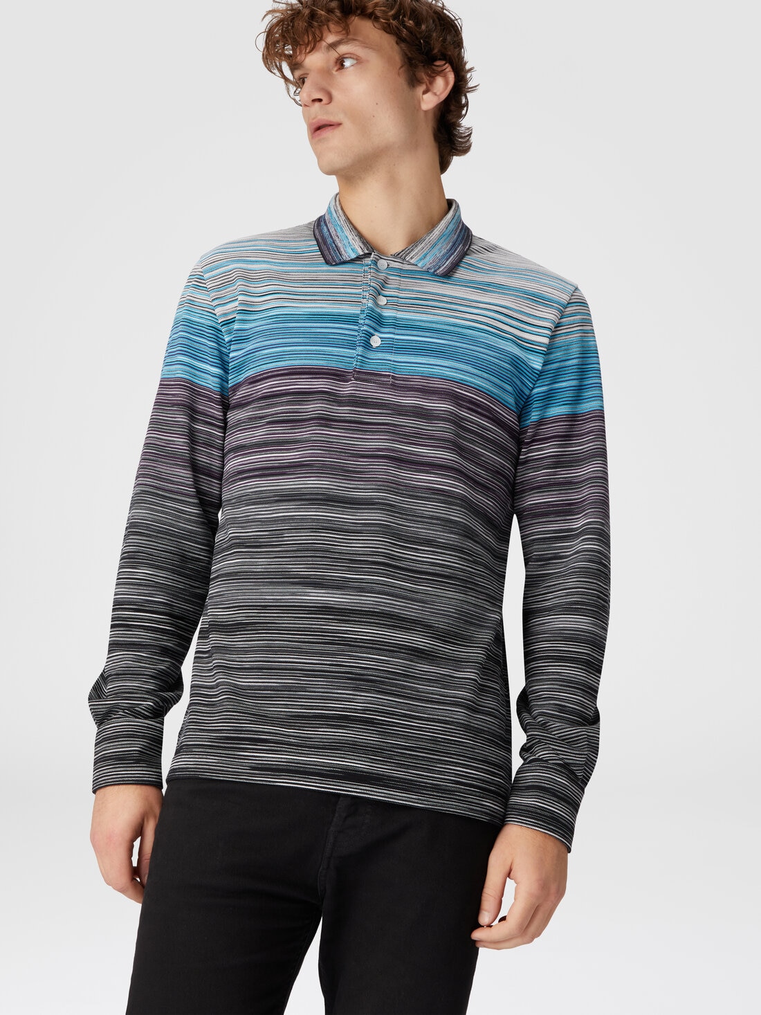 Long-sleeved polo shirt in slub cotton piqué, Multicoloured  - US24W20DBJ0014SM9DD - 3