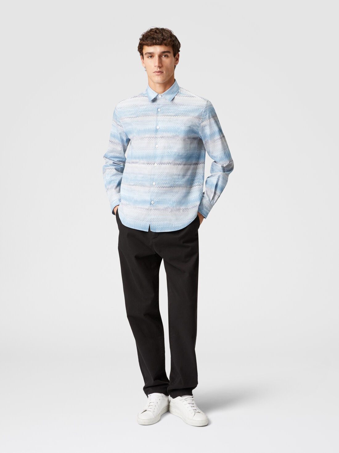 Zigzag print cotton poplin shirt, Blue & Grey - US24WJ00BW00U0S72GR - 1