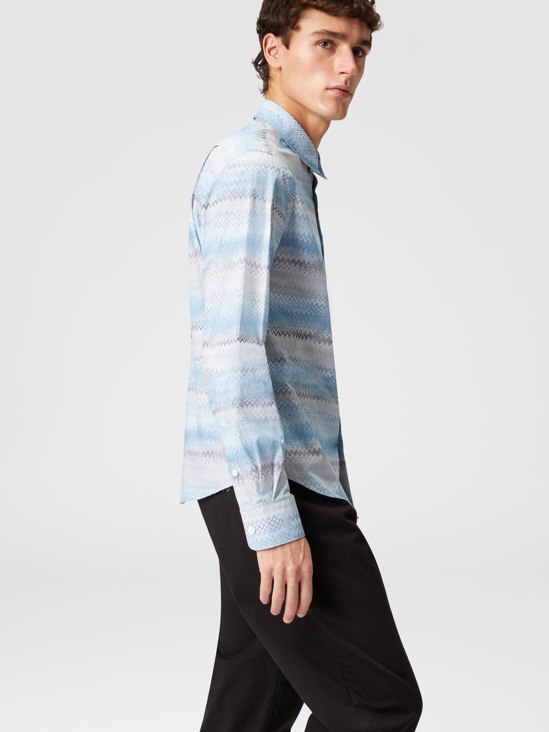 Zigzag print cotton poplin shirt, Blue & Grey - US24WJ00BW00U0S72GR - 3