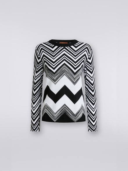 Camiseta de cuello redondo en mezcla de algodón zigzag, Blanco & Negro - DS23SN1TBC002YF9001