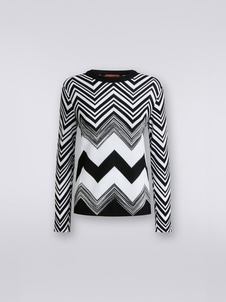 Maglia girocollo in misto cotone zig zag, Bianco & Nero - DS23SN1TBC002YF9001