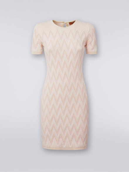 Crew-neck dress in cotton chevron with lurex, Beige - DS23WG5IBK035IS01BZ