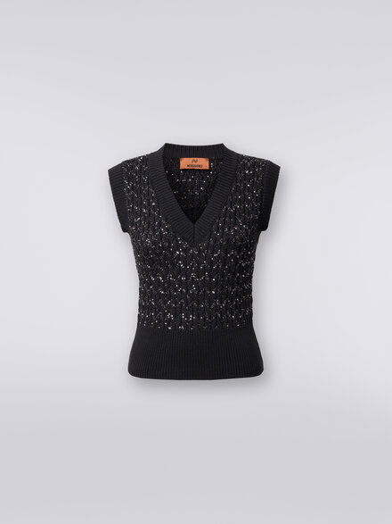 Cotton blend gilet with sequins and braiding, Black    - DS24SN08BK033OS90DI