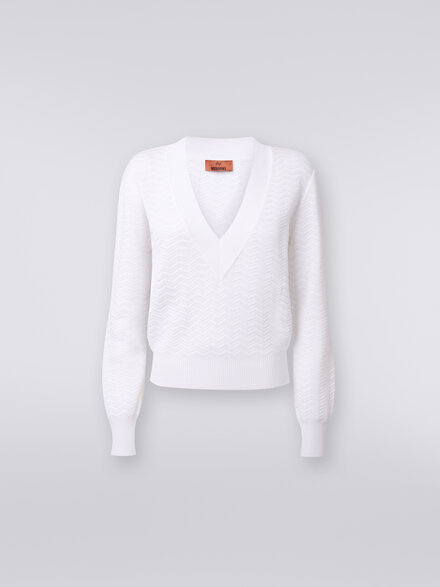 Pull avec encolure en V en mailles zig zag, Blanc  - DS24SN0FBK033W14001