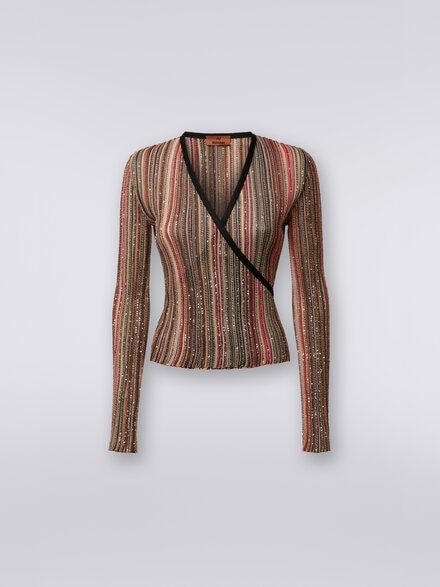 V-necker jumper with vertical stripes and sequins, Multicoloured  - DS24SN0QBK033MSM9AF