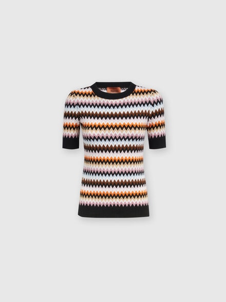 Short-sleeved crewneck pullover in zigzag wool, Multicoloured  - DS24WN15BK040SSM9FZ