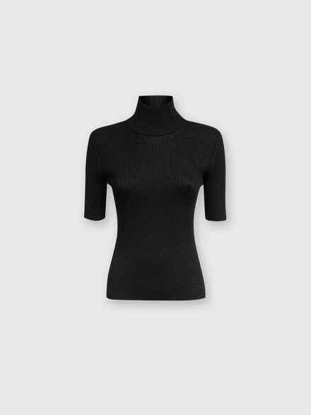 Short-sleeved turtleneck in glitter-effect viscose, Black    - DS24WN16BK039JS91KC