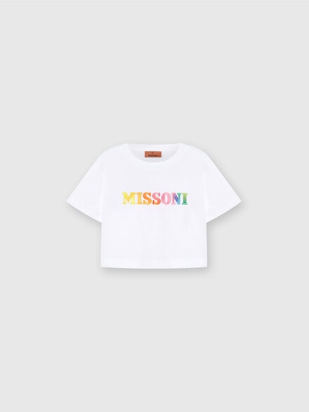 T-shirt in jersey di cotone con scritta logo, Bianco  - KS24SL02BV00FVS019E