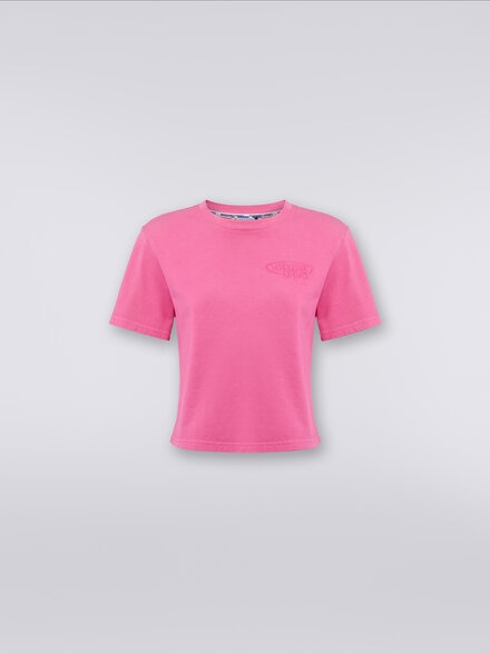 Camiseta de cuello redondo crop de algodón con logotipo, Rosa   - SS24SL00BJ00GYS30CY