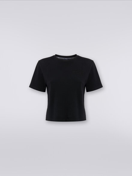 Camiseta de cuello redondo crop de algodón con logotipo, Negro    - SS24SL00BJ00GYS91J4