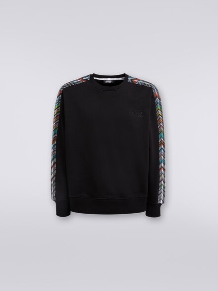 Sweat à col rond en coton avec détails en mailles à zig zag, Noir    - TS24SW03BJ00JVS91J4