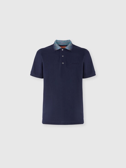 Poloshirt aus Baumwolle mit Kragen in Flammgarnopitk und Logoschriftzug, Blau & Mehrfarbig  - UC22W200BJ0019S72G3