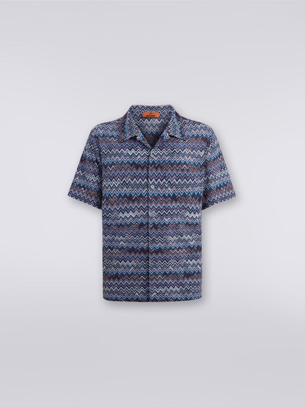 Short-sleeved bowling shirt in zigzag cotton and viscose, Navy Blue  - US23WJ08BR00OUSM8Y1