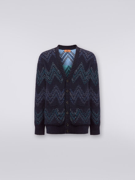 Cardigan avec encolure en V en coton mélangé à zig zag, Bleu Marine  - US23WM0JBK029KS72FN