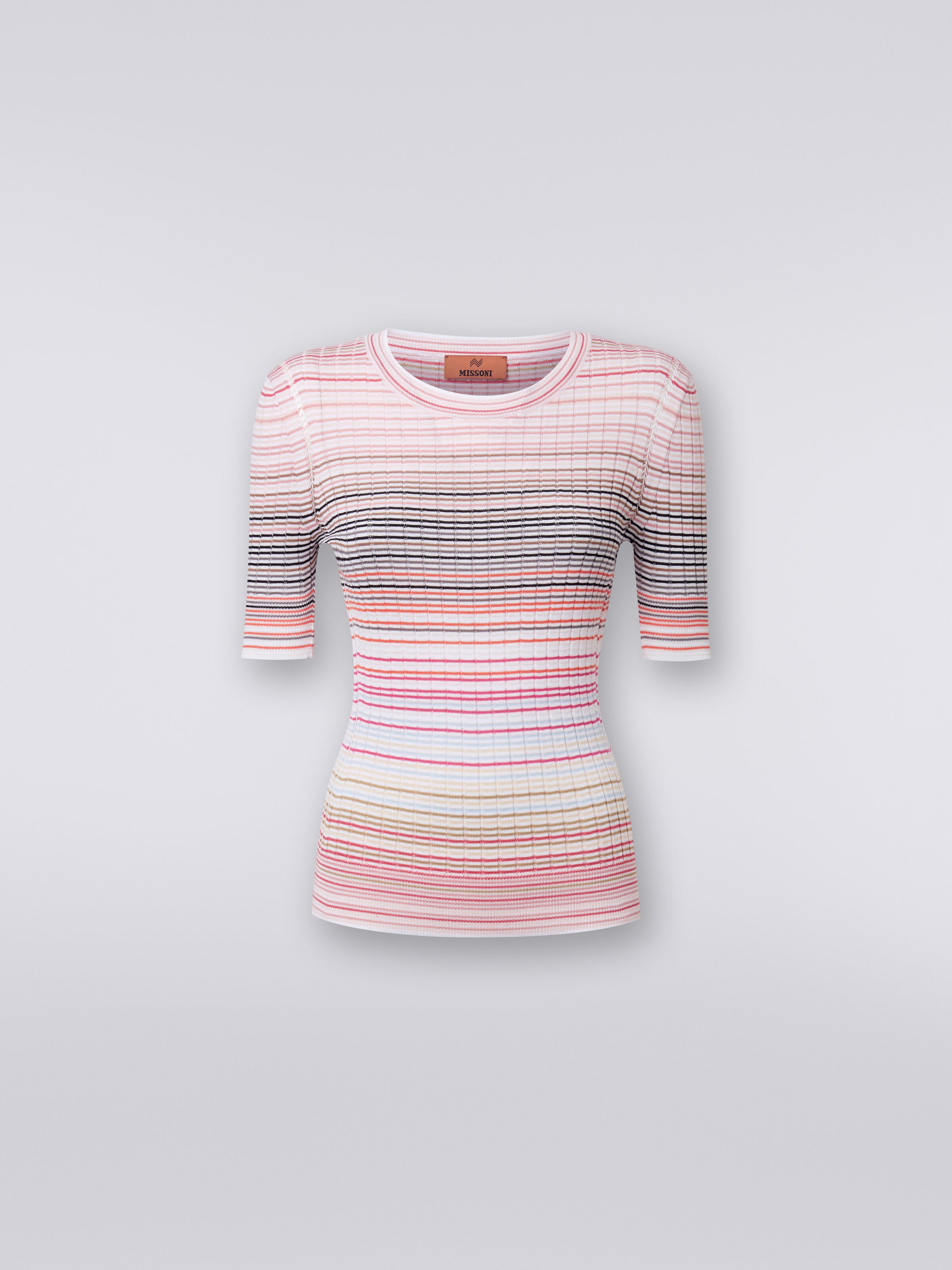 Short-sleeved crew-neck jumper in striped viscose and cotton, Multicoloured  - 0
