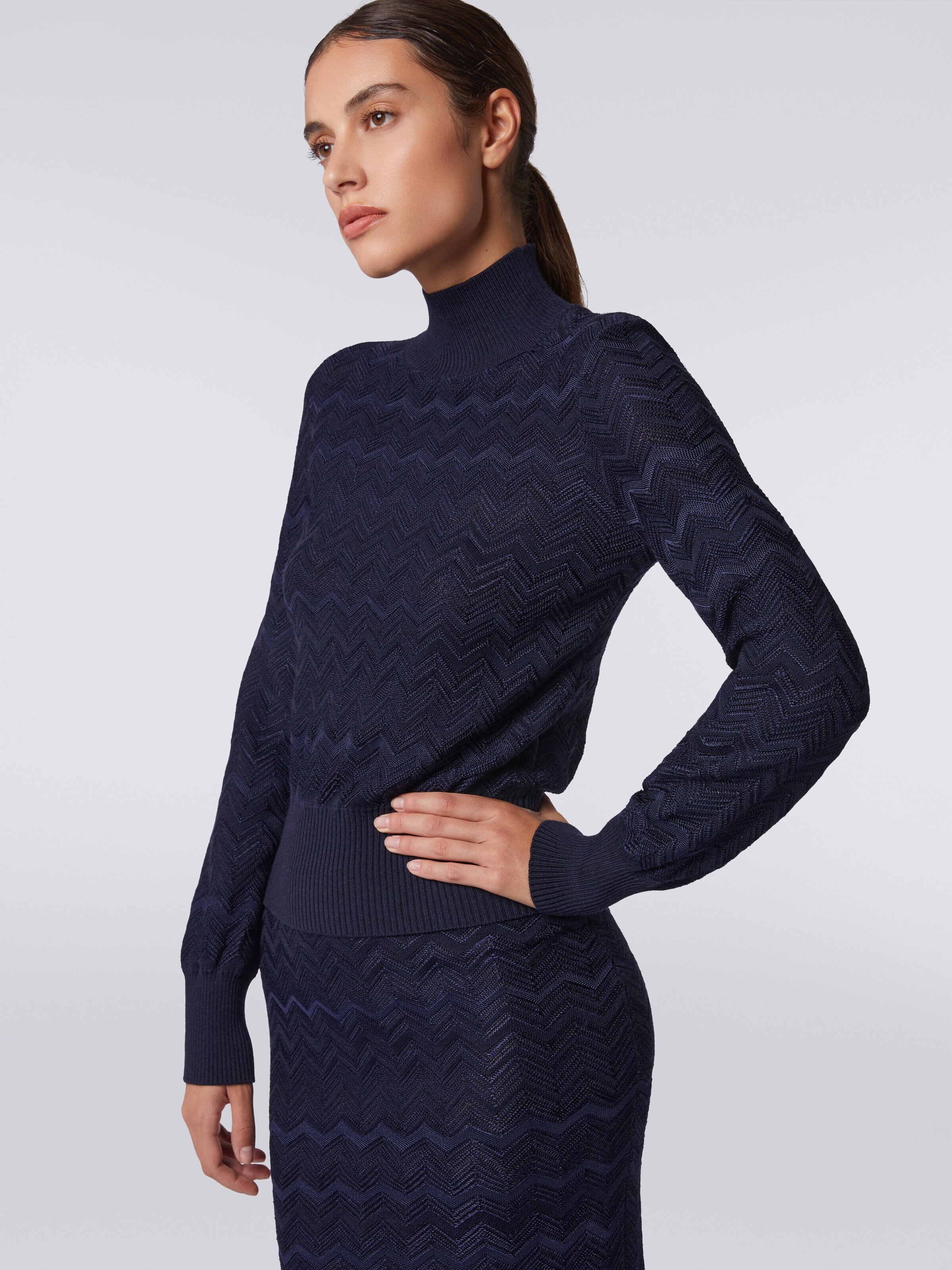 Chevron wool and viscose high-neck pullover, Dark Blue - 4