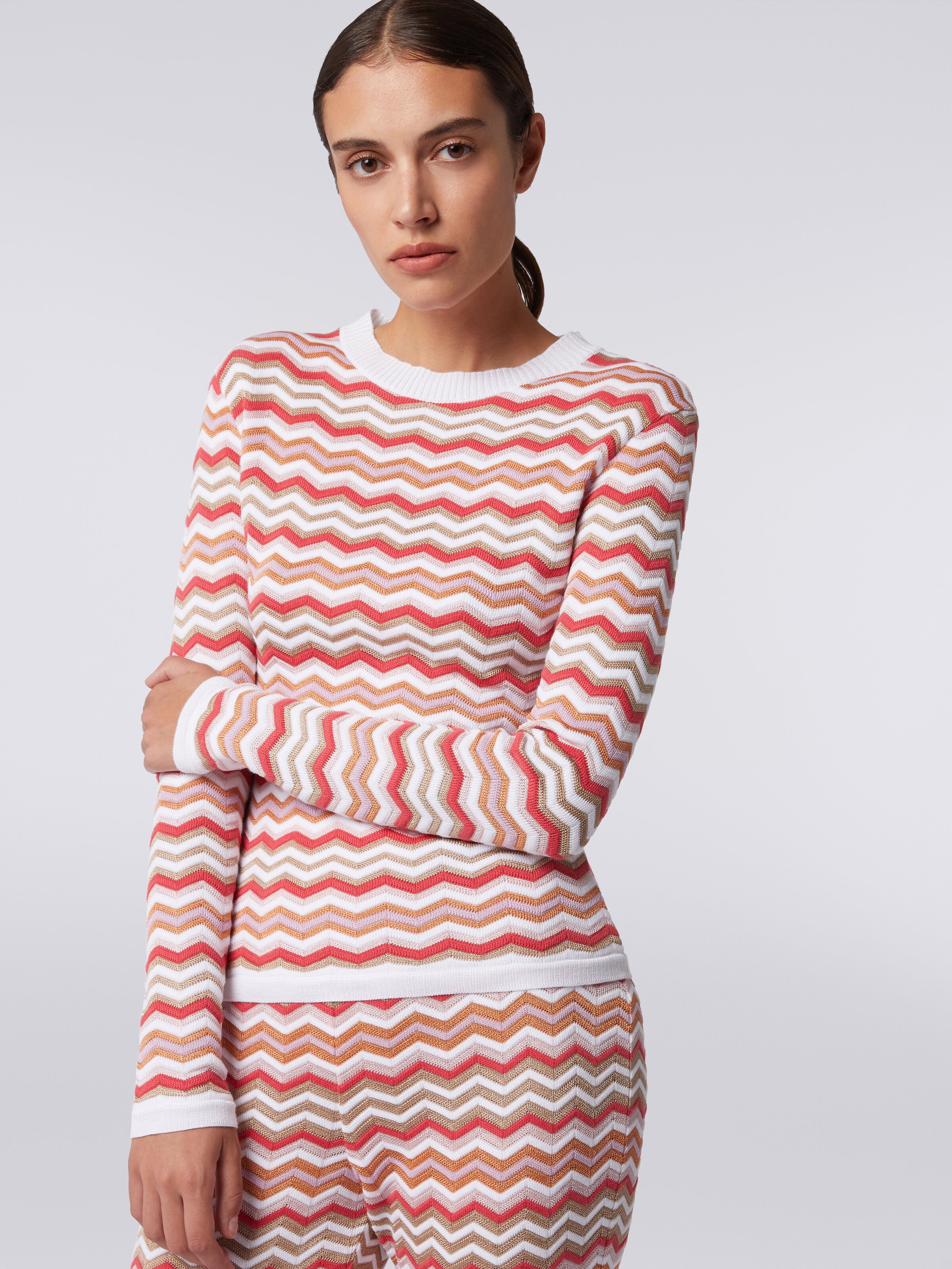 Crew-neck pullover in zigzag viscose and cotton, Multicoloured  - 4