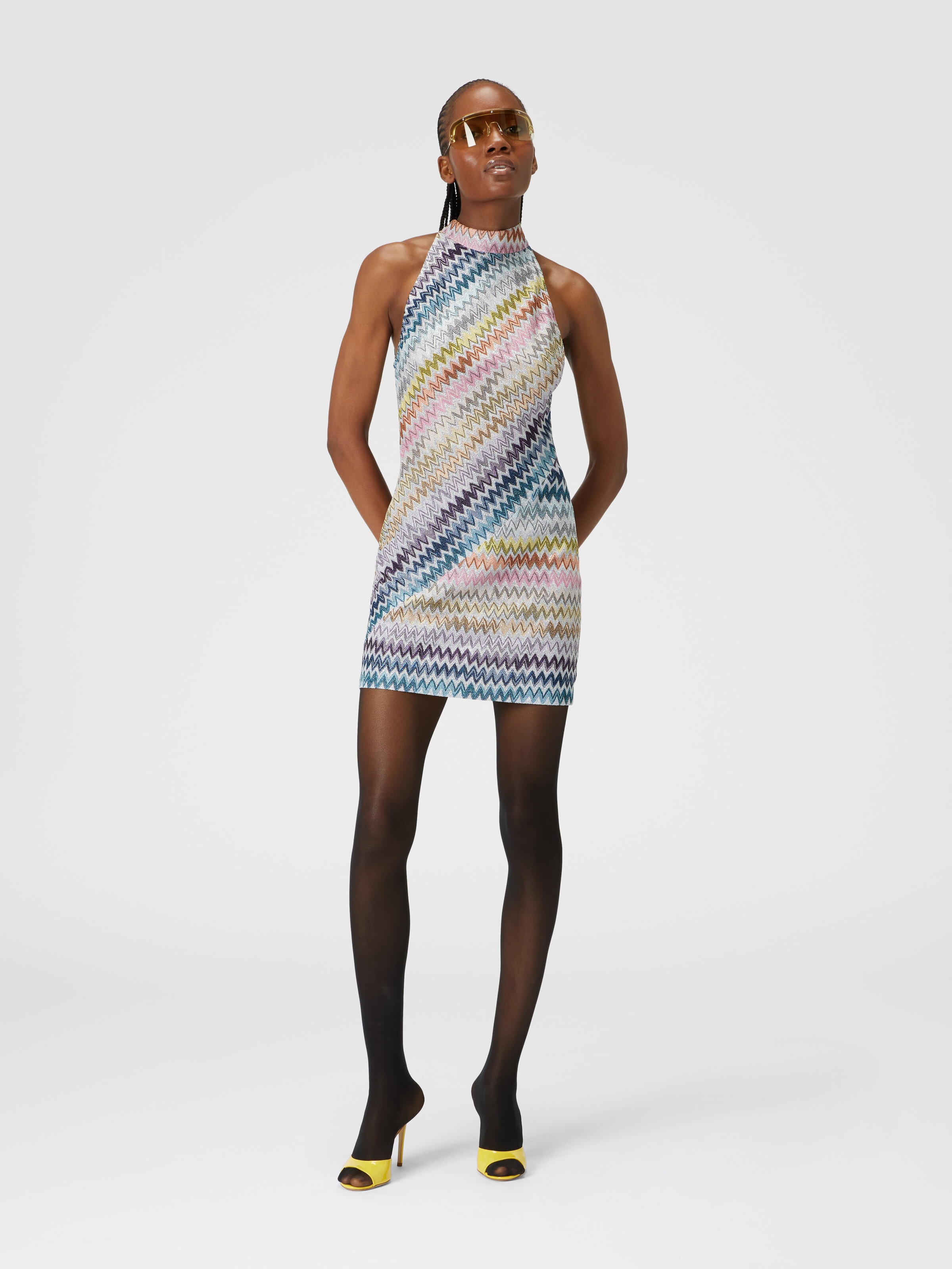 Sleeveless mini-dress in zig zag lamé viscose, Multicoloured  - 1