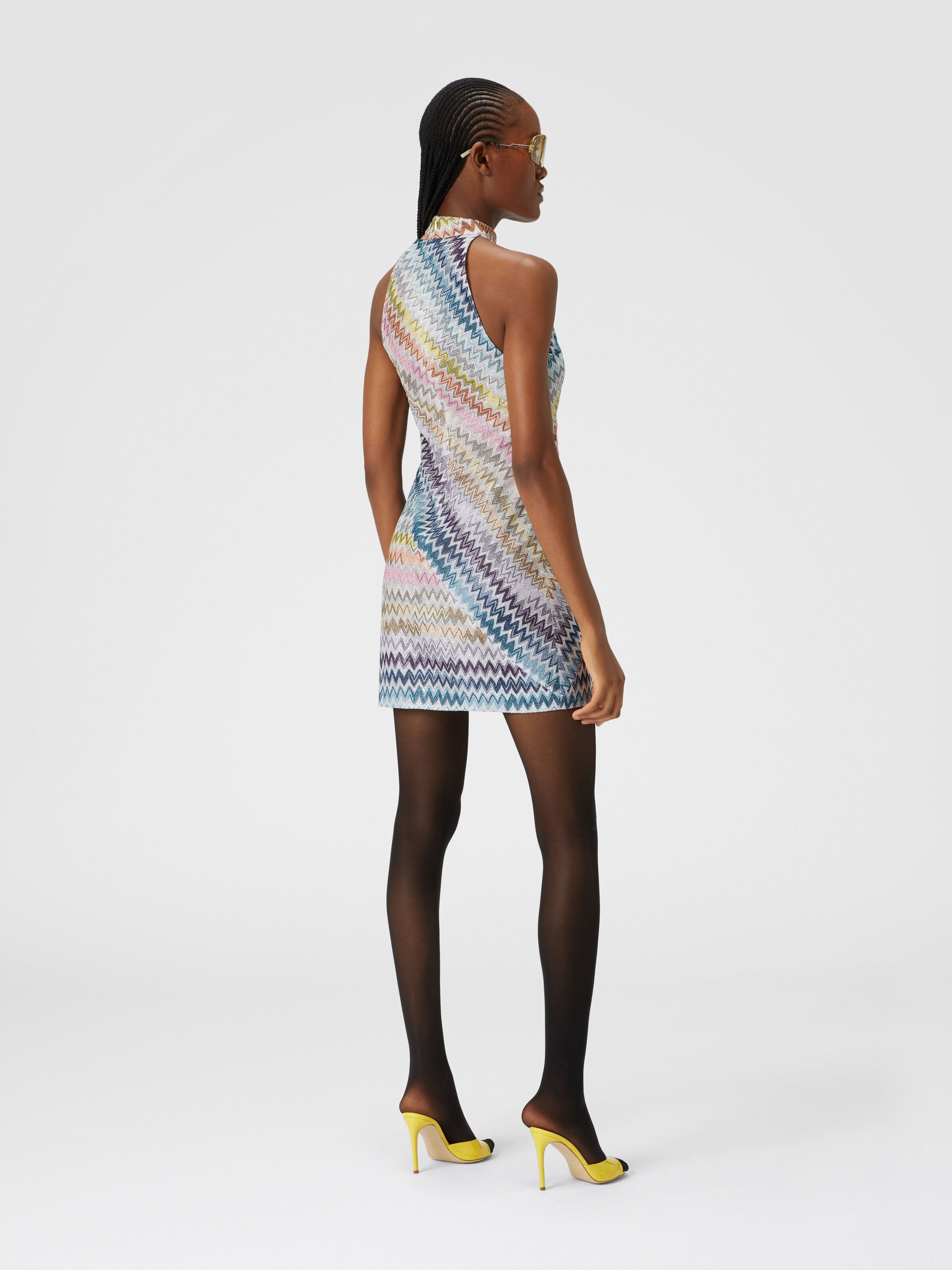 Sleeveless mini-dress in zig zag lamé viscose, Multicoloured  - 2