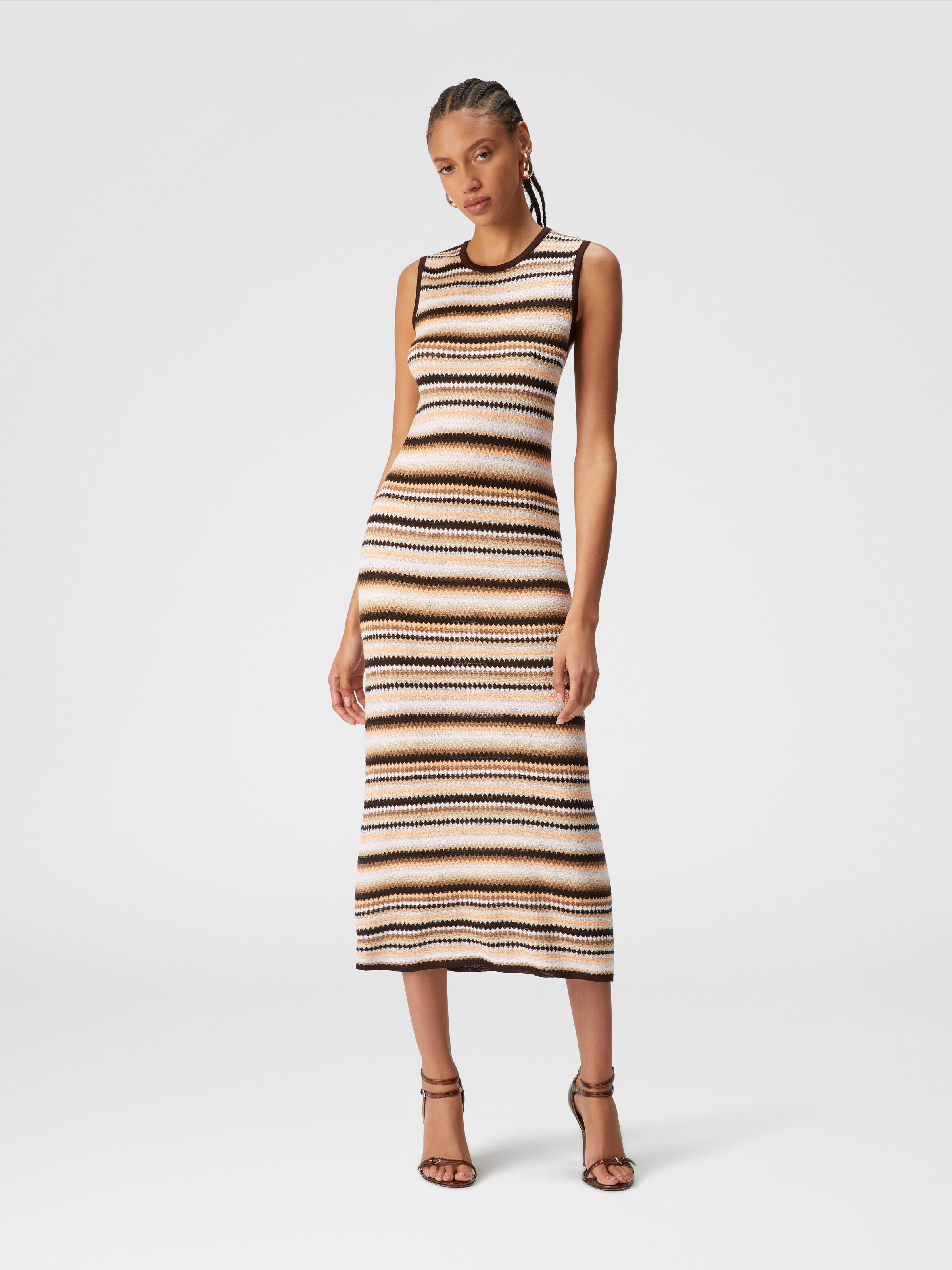 Sleeveless midi dress in striped wool and viscose, Multicoloured  - 1