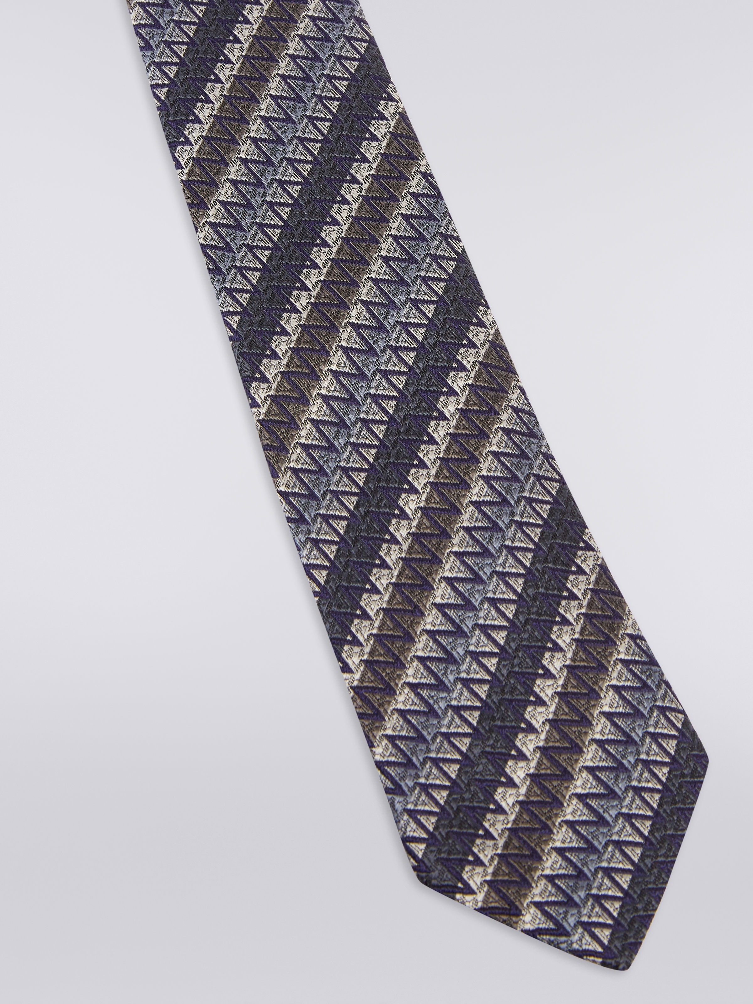 Silk tie with oblique stripes and zigzags, Multicoloured  - 1