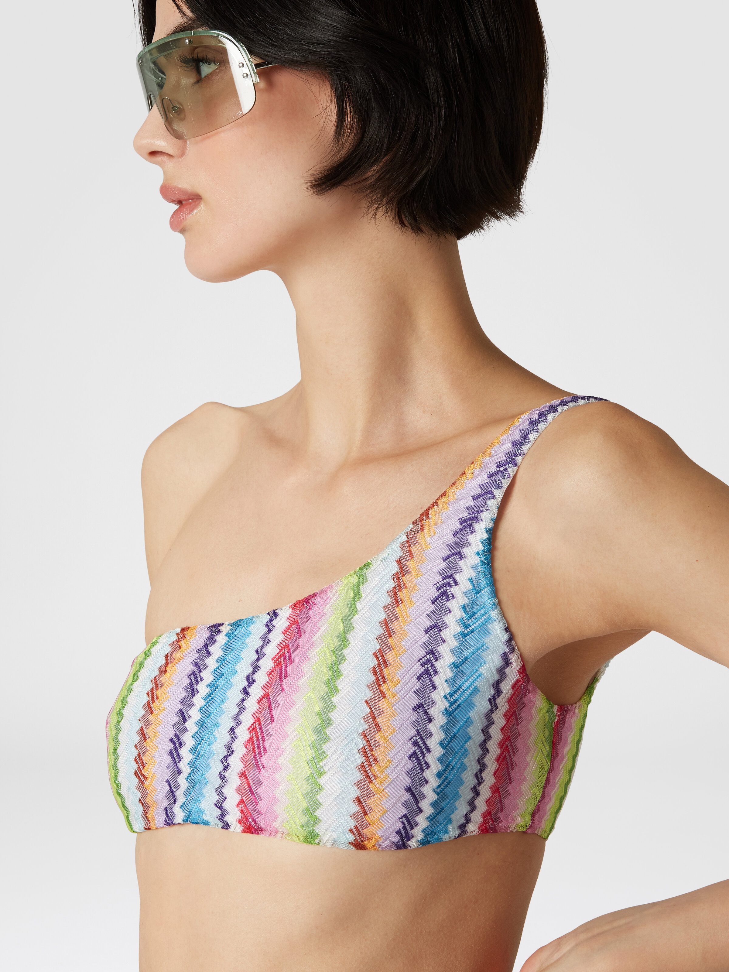 One-shoulder bikini with zig zag print, Multicoloured  - 4