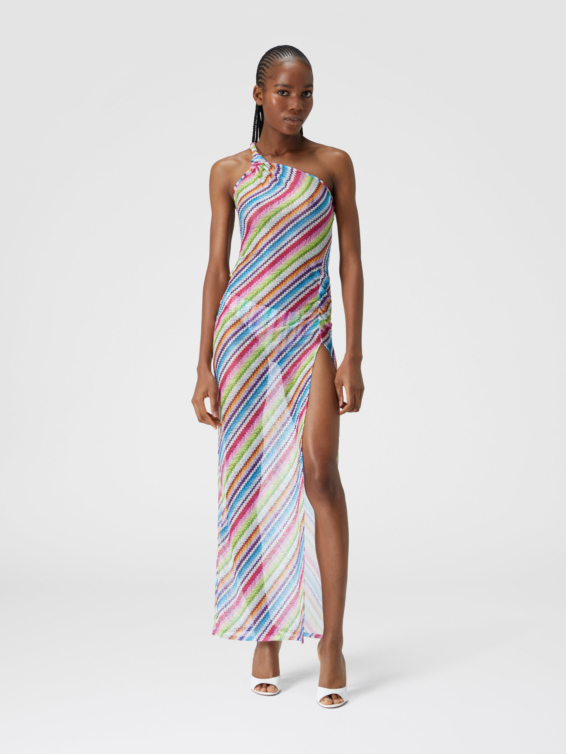 Zig zag print cover-up dress with knot neckline, Multicoloured  - 1