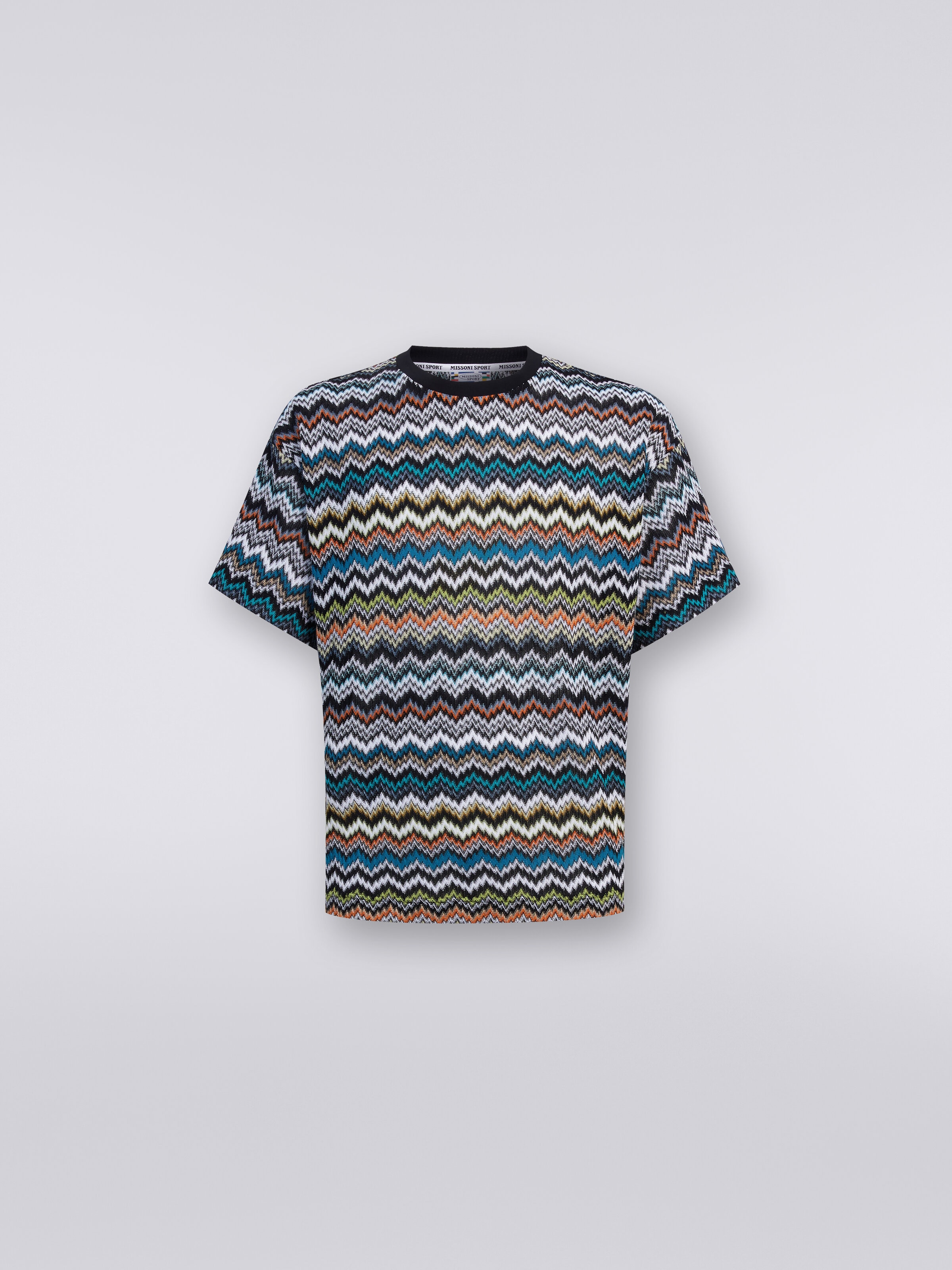 Crew-neck T-shirt in zigzag cotton knit, Multicoloured  - 0