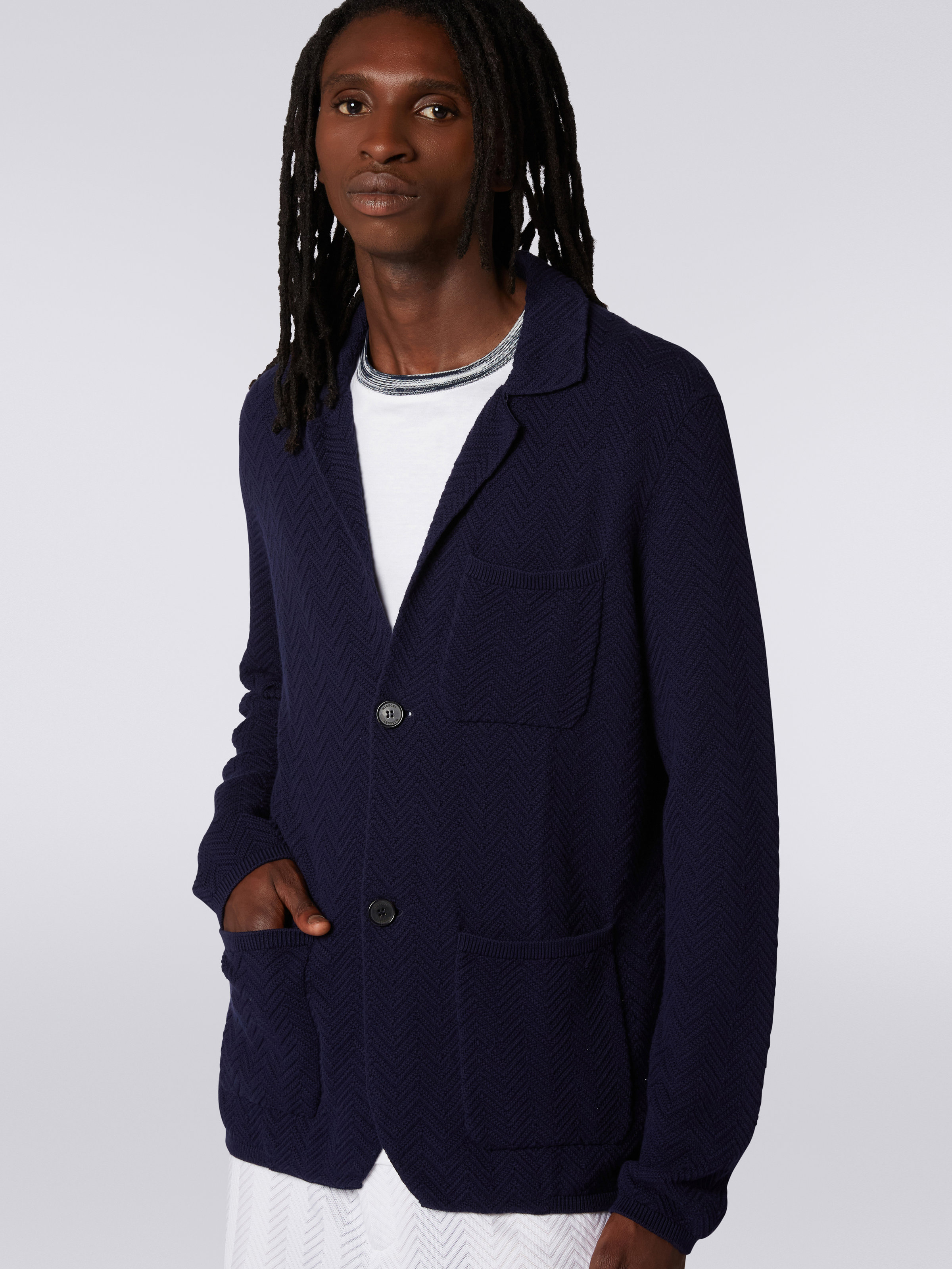 Cotton and viscose knit blazer, Dark Blue - 4