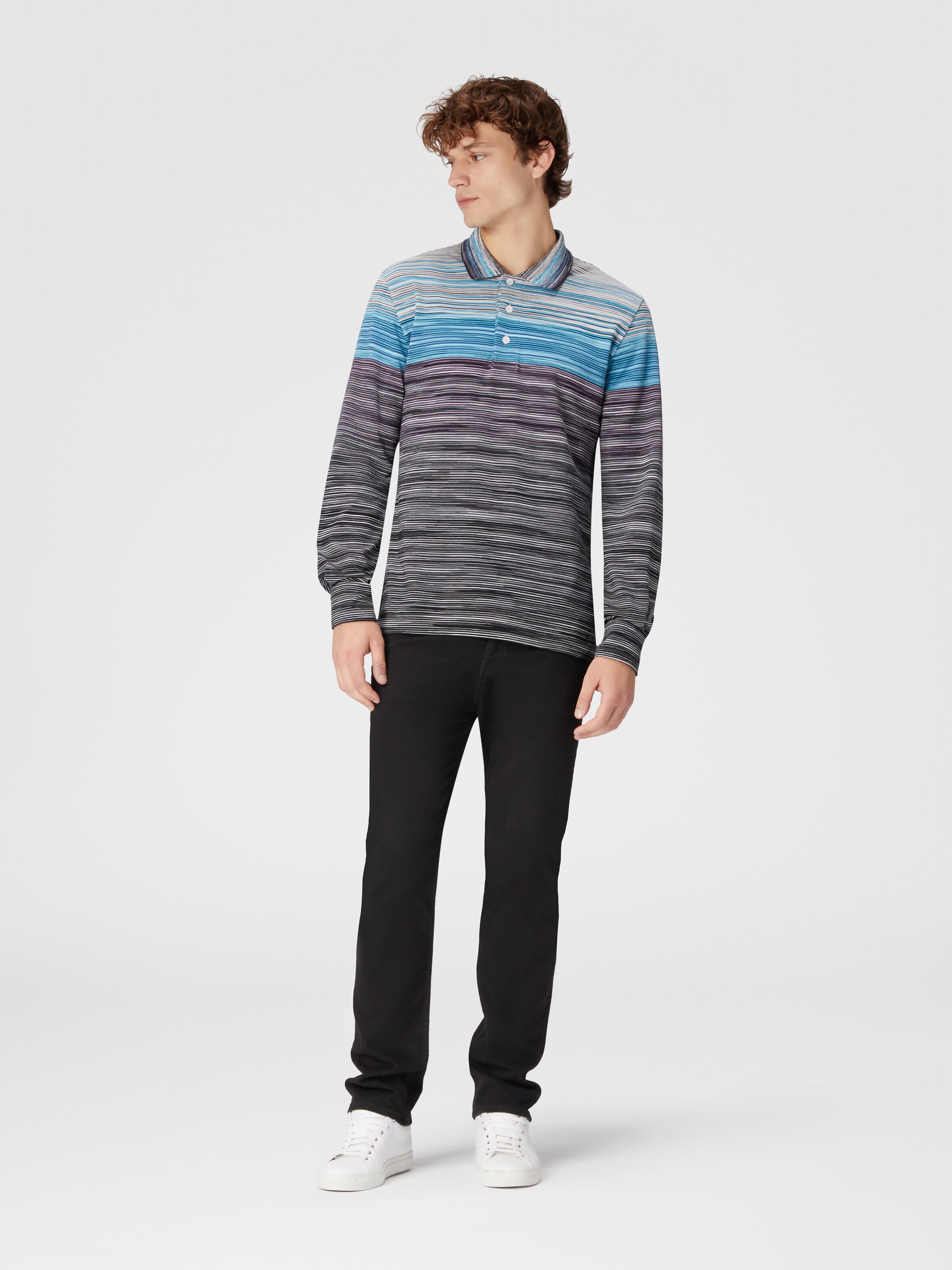 Long-sleeved polo shirt in slub cotton piqué, Multicoloured  - 1