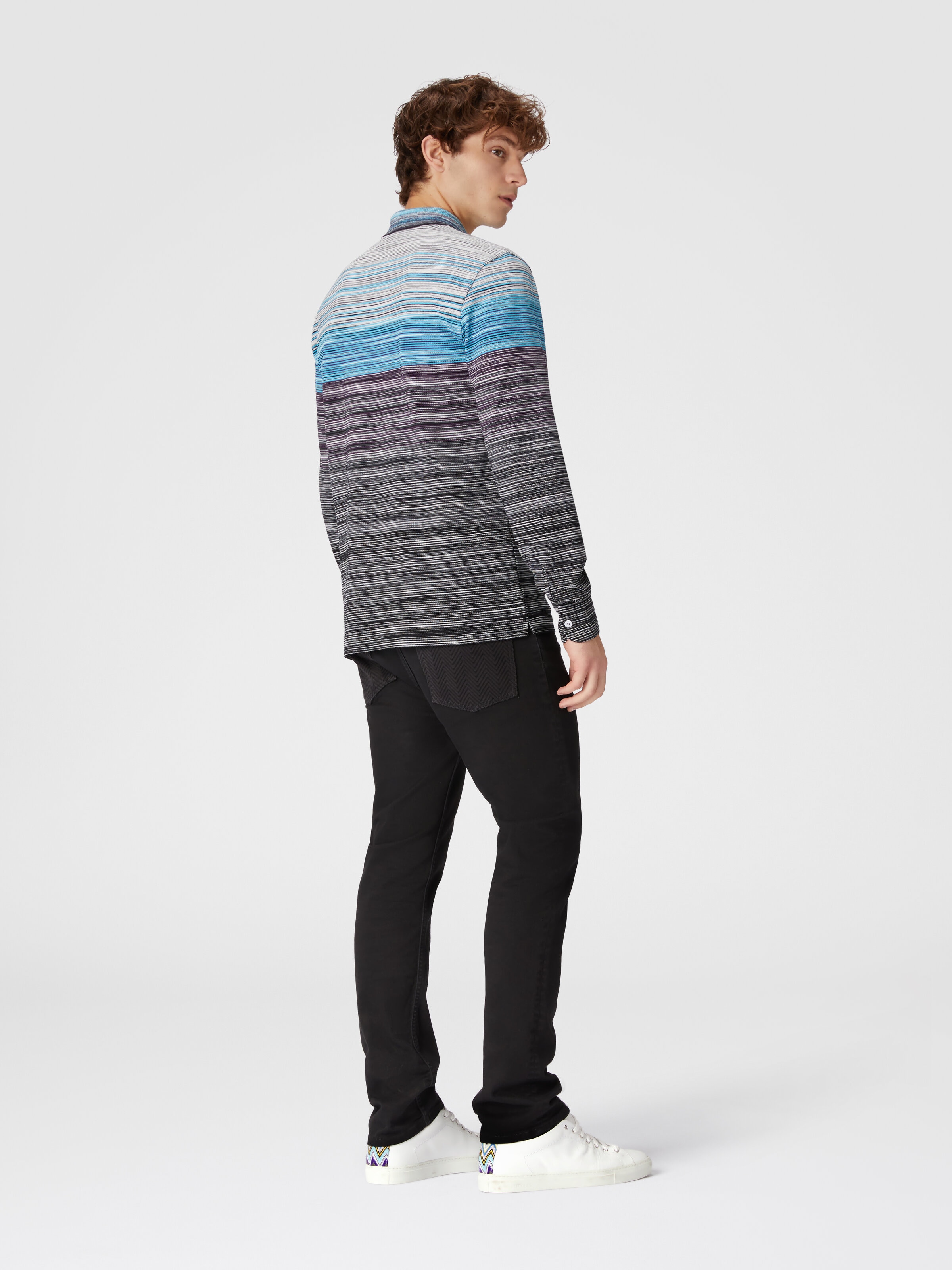 Long-sleeved polo shirt in slub cotton piqué, Multicoloured  - 2