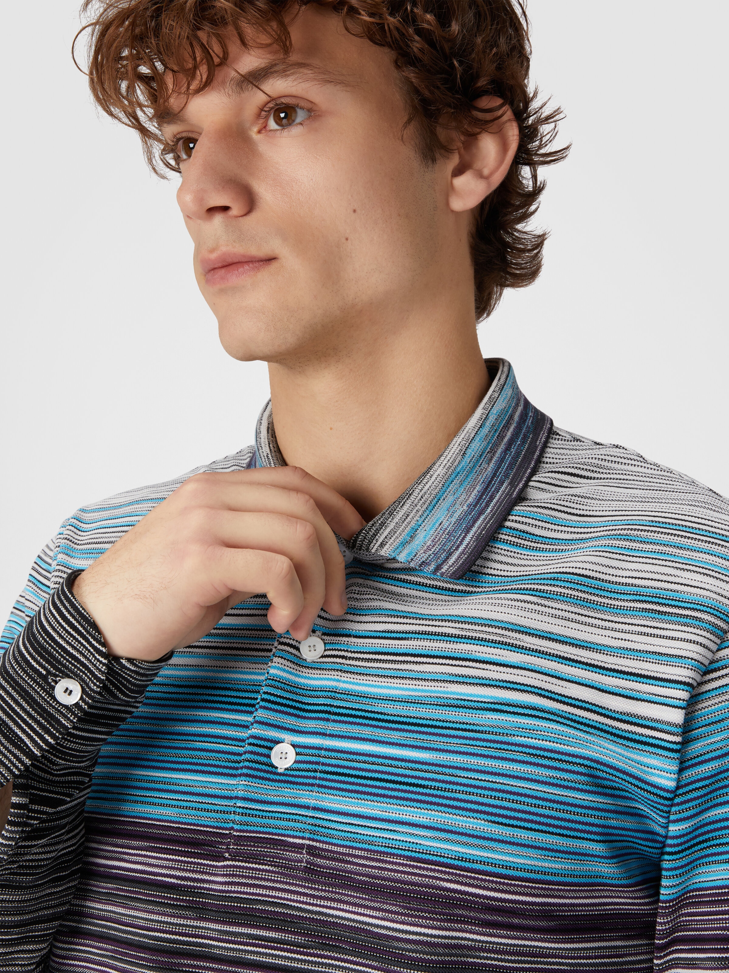 Long-sleeved polo shirt in slub cotton piqué, Multicoloured  - 4