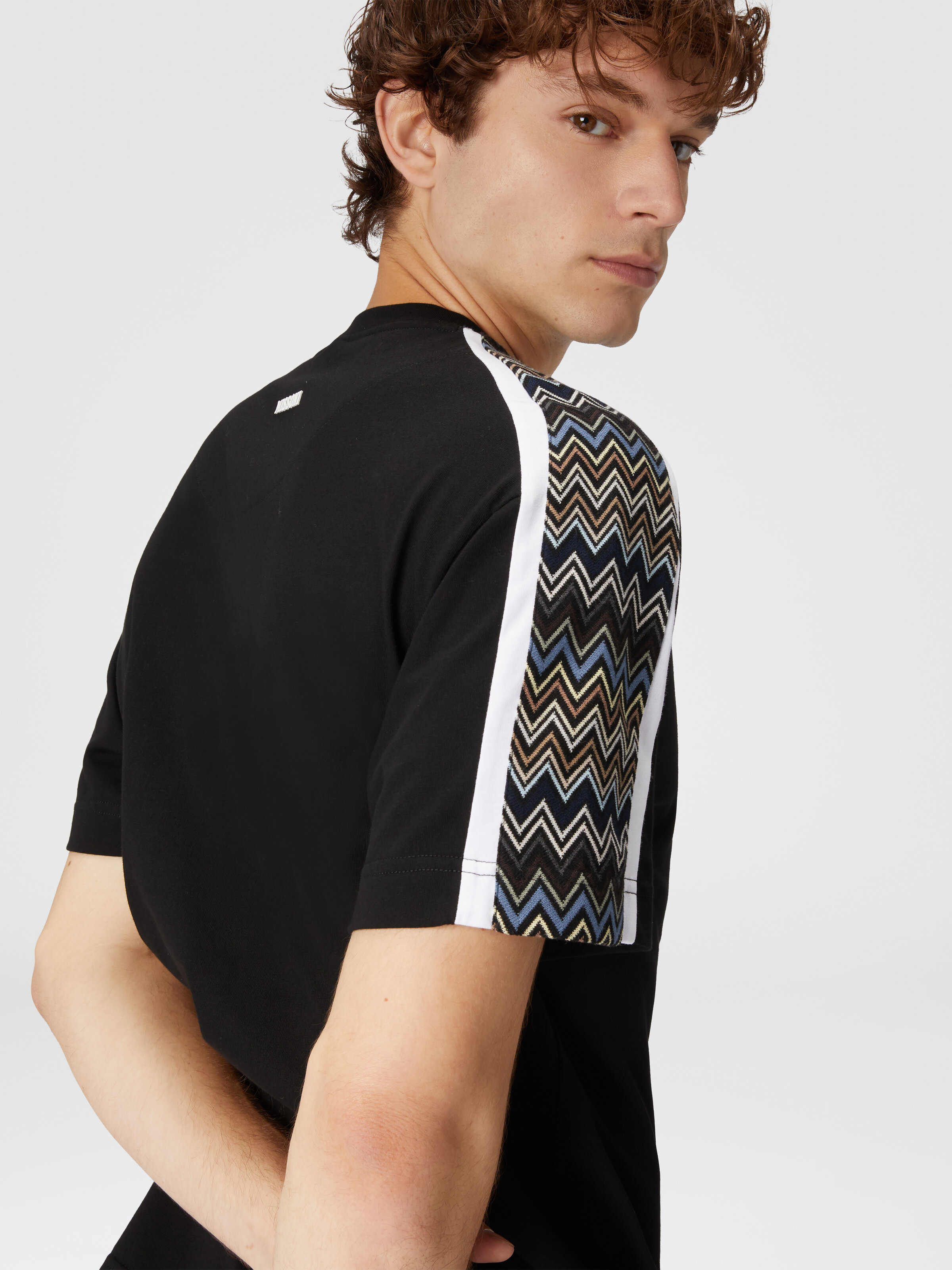 Cotton jersey T-shirt with zigzag inserts, Multicoloured  - 3
