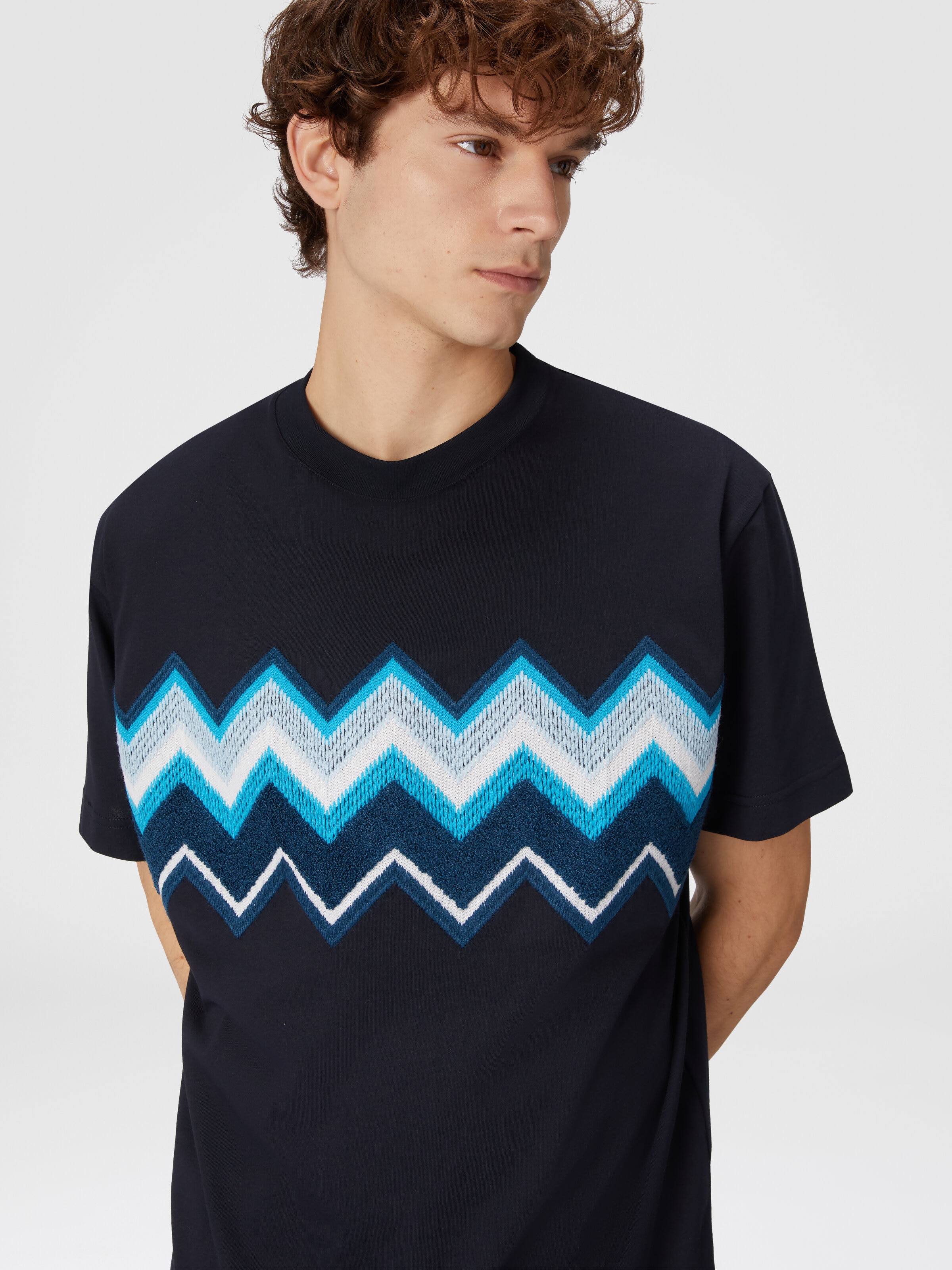 Cotton jersey T-shirt with zig zag embroidery, Blue - 3