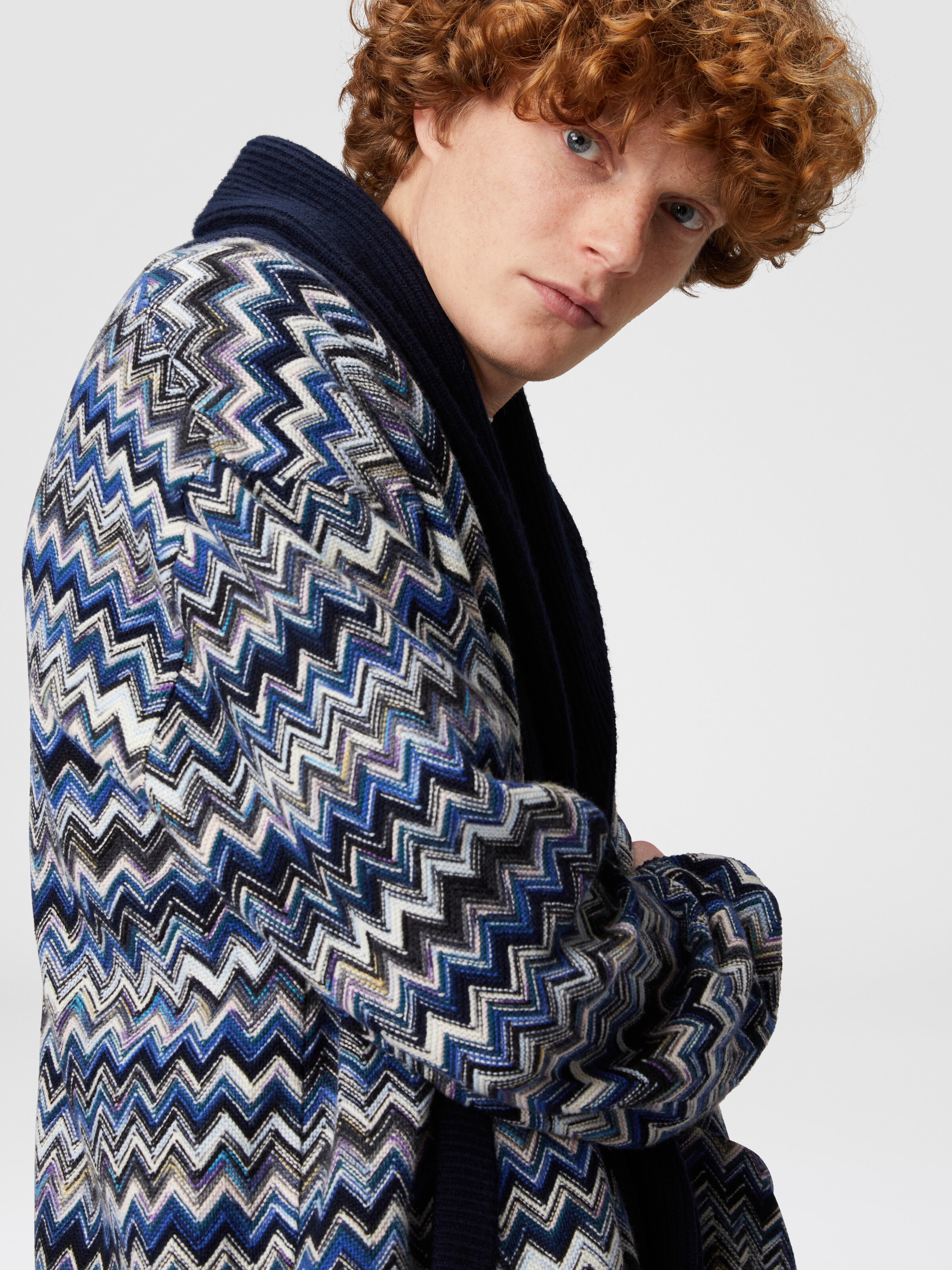 Zig zag wool cardigan with shawl collar, Multicoloured  - 3