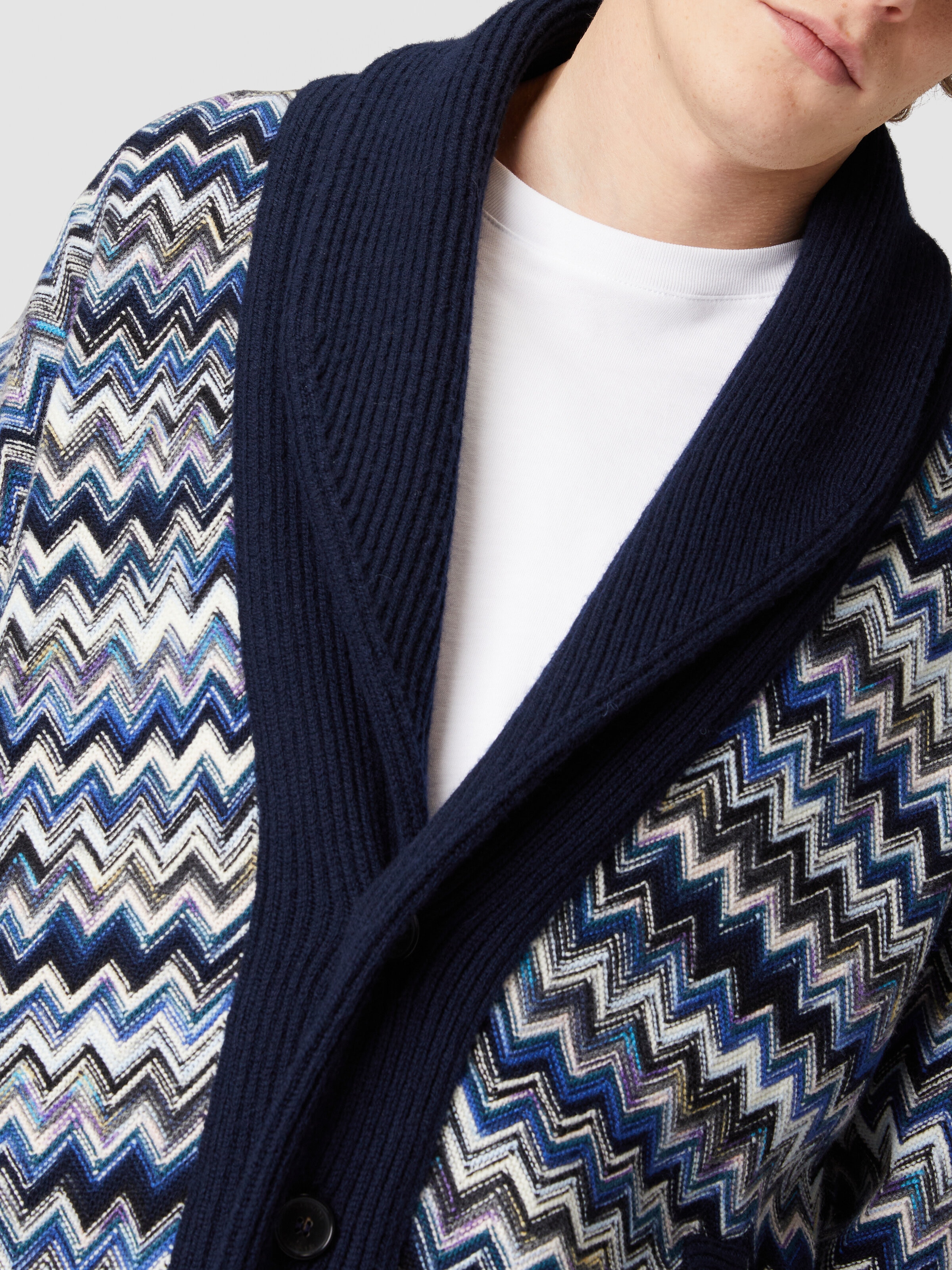 Zig zag wool cardigan with shawl collar, Multicoloured  - 4