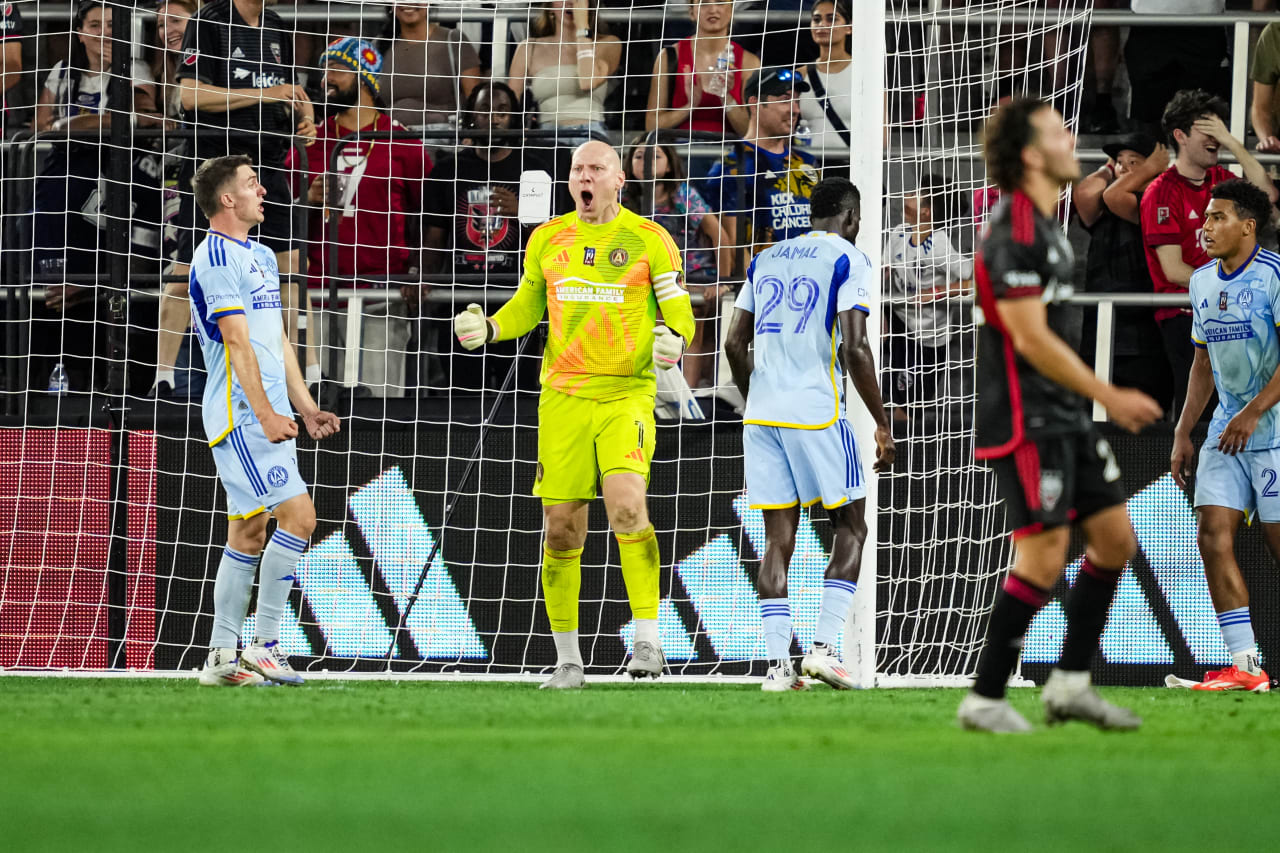 Atlanta United goalkeeper Brad Guzan #1 reacts after a save during the second half of the match against the D.C. United at Audi Field in Washington,  on Wednesday June 19, 2024.