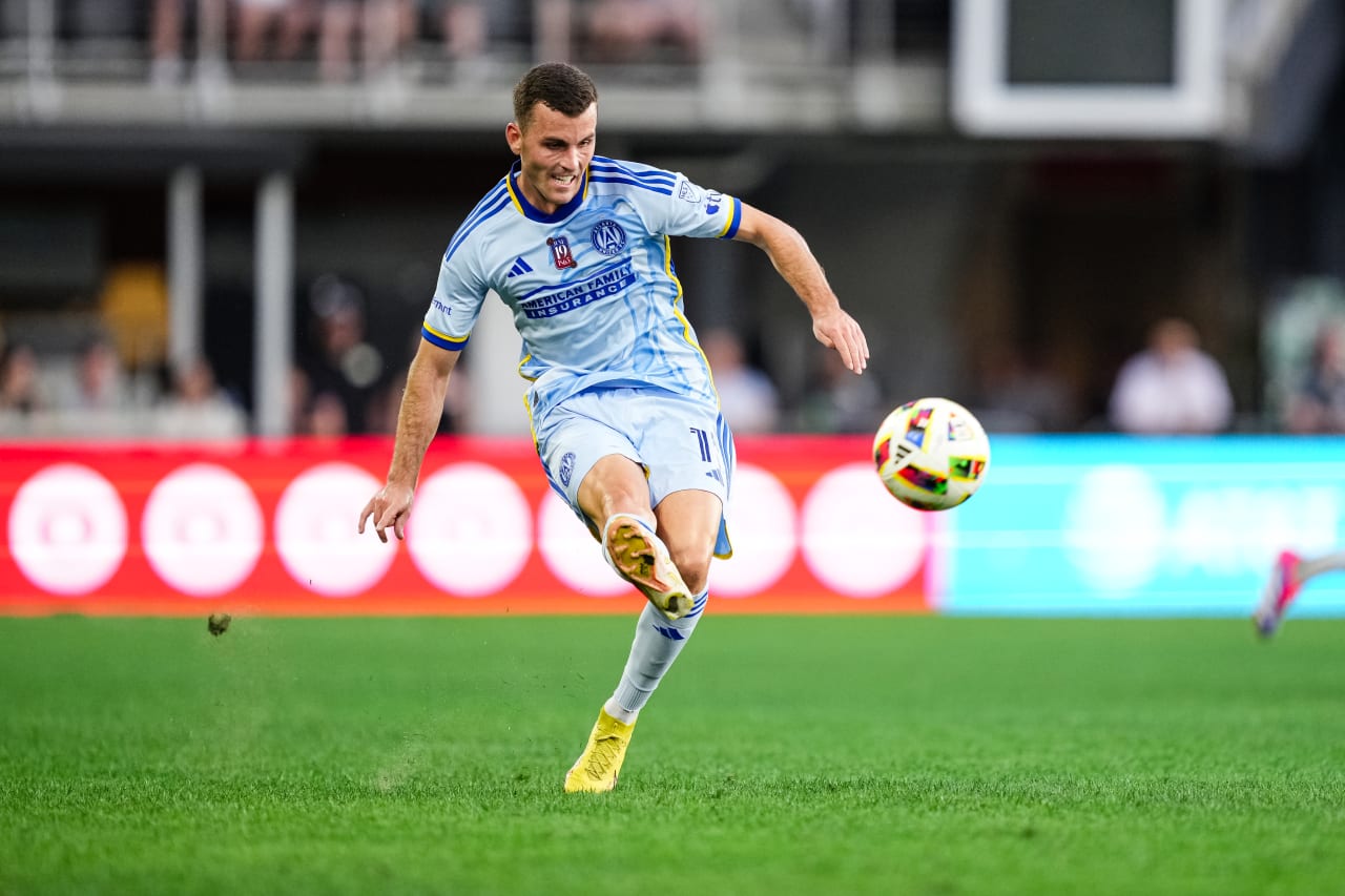 Atlanta United defender Brooks Lennon #11 passes the ball during the first half of the match against the D.C. United at Audi Field in Washington,  on Wednesday June 19, 2024.