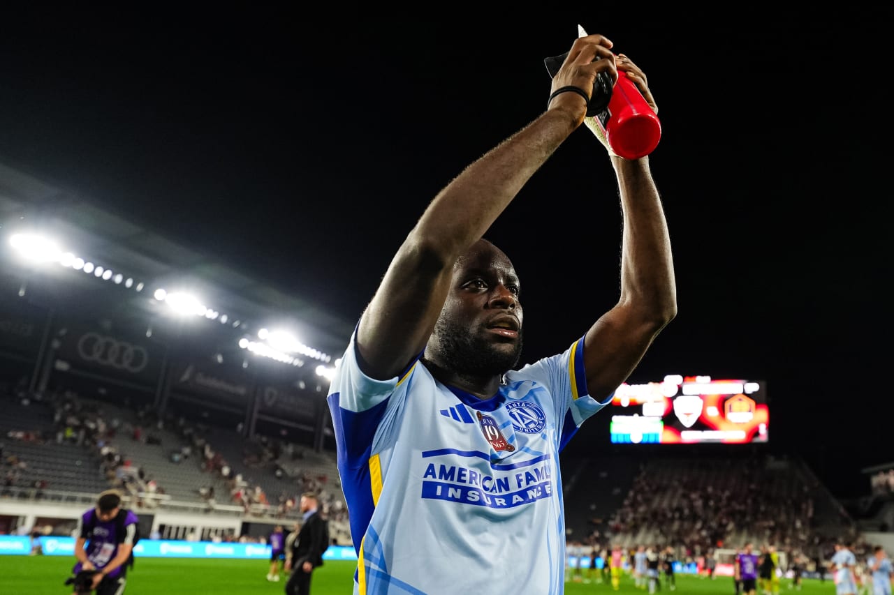 Atlanta United midfielder Tristan Muyumba #8 reacts after the match against the D.C. United at Audi Field in Washington,  on Wednesday June 19, 2024