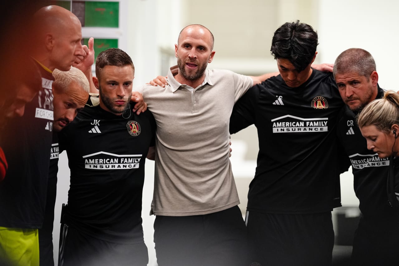 Atlanta United Interim Head Coach Rob Valentino locker room huddle prior to the match against the D.C. United at Audi Field in Washington,  on Wednesday June 19, 2024.