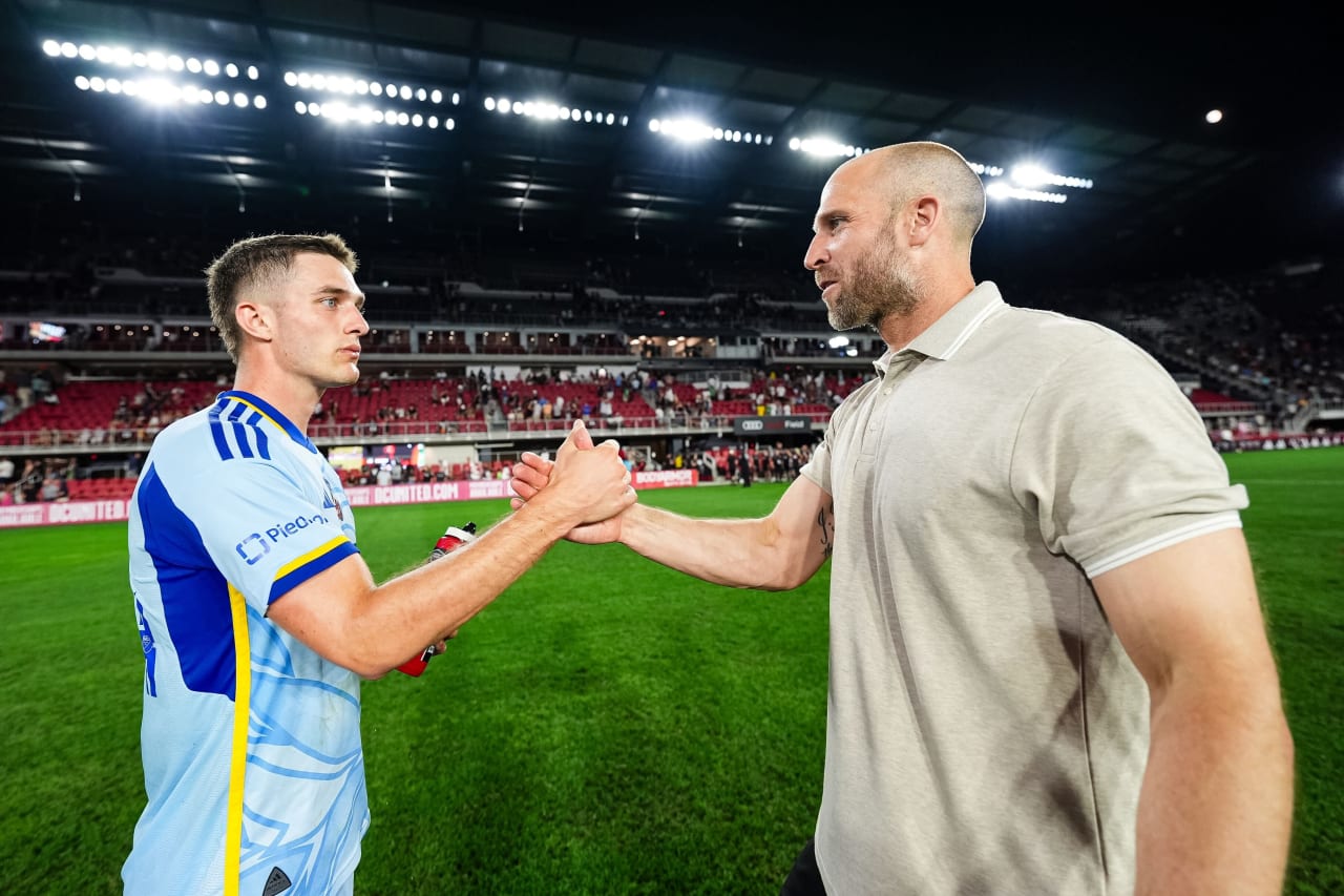 Atlanta United Interim Head Coach Rob Valentino and defender Noah Cobb #24 react after the match against the D.C. United at Audi Field in Washington,  on Wednesday June 19, 2024.