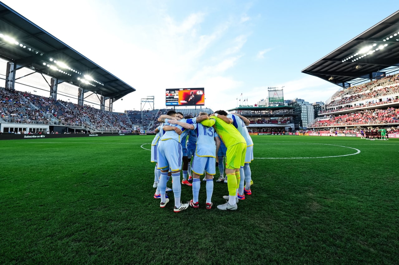 Starting XI huddle prior to the match against the D.C. United at Audi Field in Washington,  on Wednesday June 19, 2024.