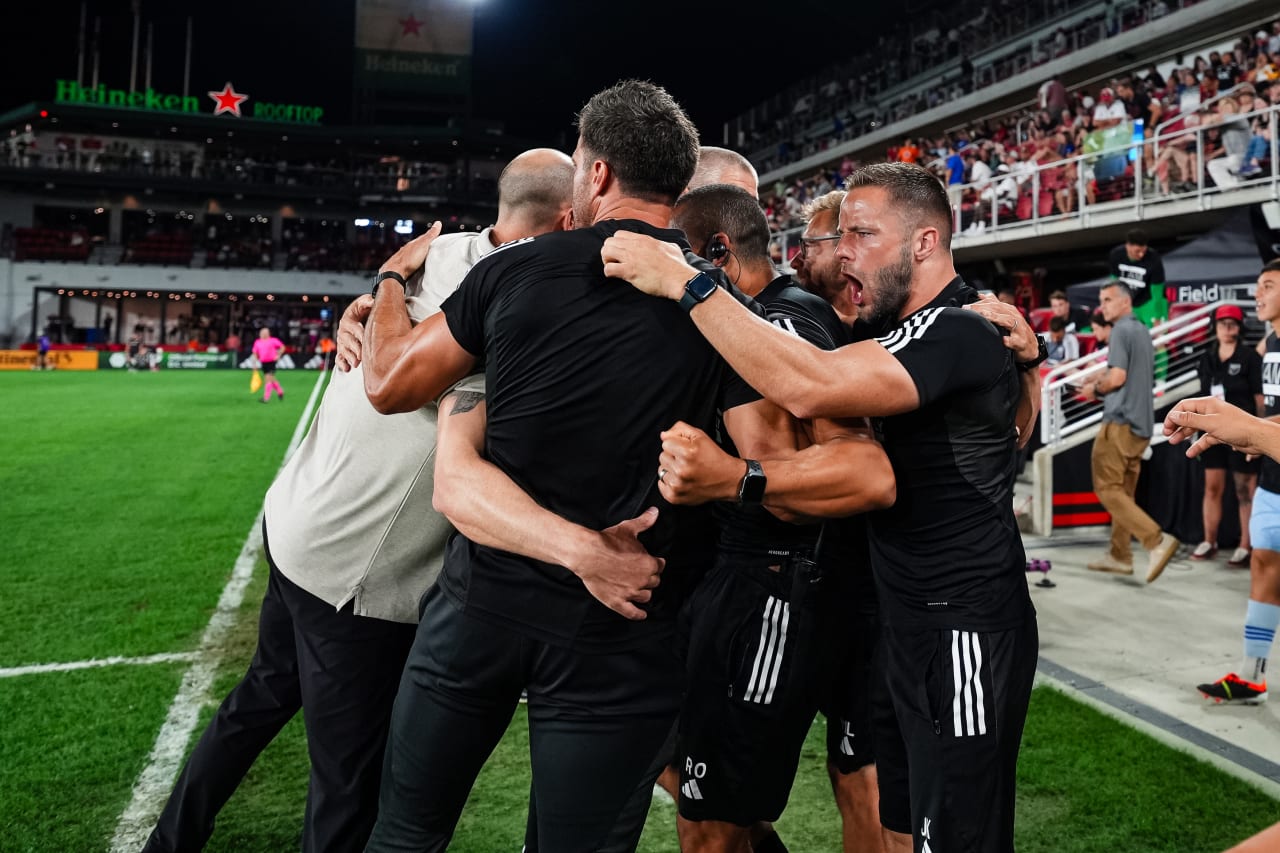 Atlanta United Interim Head Coach Rob Valentino and staff celebrate after the match against the D.C. United at Audi Field in Washington,  on Wednesday June 19, 2024.