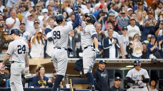 New York Yankees DH Giancarlo Stanton celebrates All-Star Aaron Judge after hitting a 2-run home run vs. the San Diego Padres at Petco Park. (David Frerker-USA TODAY Sports)