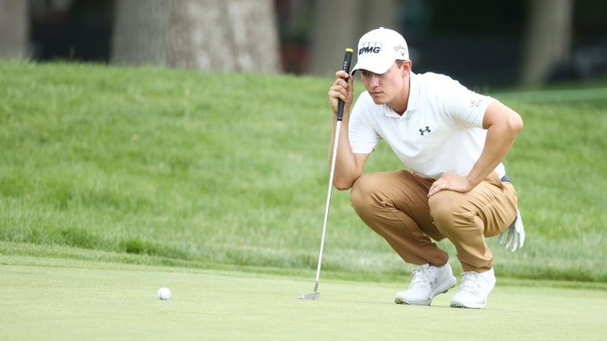 Maverick McNealy lines up a putt during the second round of the 2020 Rocket Mortgage Classic at the Detroit Golf Club. (Gregory Shamus/Getty Images)
