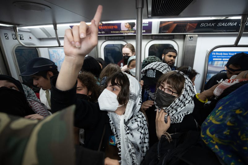 Protesters gather at Union Square in New York City to demonstrate against Israel's ongoing war in the Gaza Strip and express solidarity with Palestinians on June 10, 2024 in New York City. Demonstrators chanted 'Gaza! Gaza!' as they flood subway station near Union Square and demanded "Zionists" raise their hand and identify themselves.