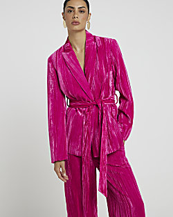 Pink Belted Wrap Velvet Blazer