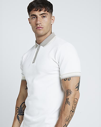 White slim fit textured stretch half zip polo