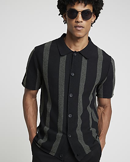 Black slim fit boucle knit stripe polo